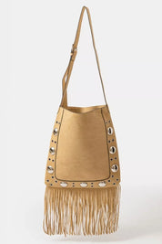 TP one size Faux Suede Grommet Accent Fringe Tote Bag Taupe | Daverri Fashions