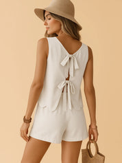 Apricot Sleeveless Bow-Tie Back Tank and Shorts Set | Outfit Sets Daverri Fashions