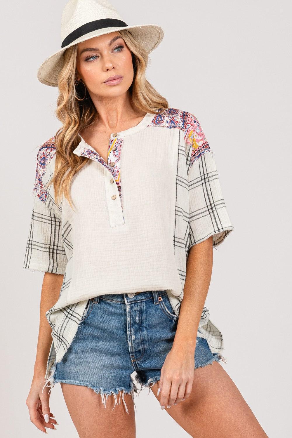 SAGE + FIG Plaid Half Button Gauze Top | Tops Daverri Fashions