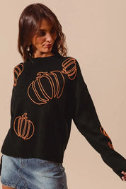 Pumpkin Embroidered Halloween Thanksgiving Sweater | Sweaters Daverri Fashions