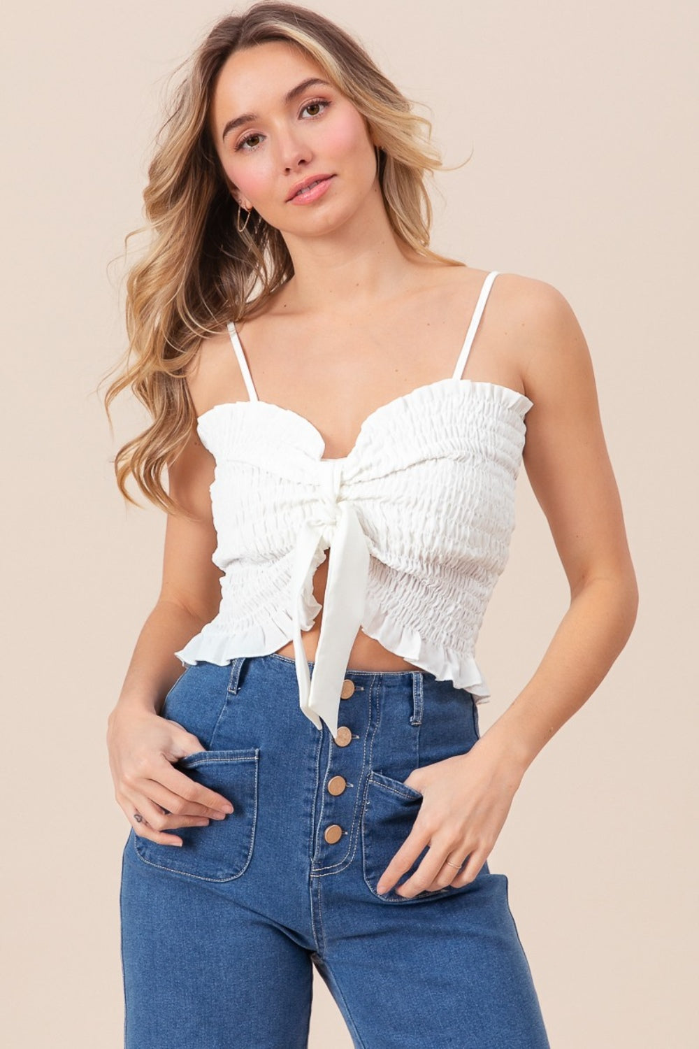 BiBi Ruffled Smocked Ribbon Detail Cami | Cami Tops Daverri Fashions