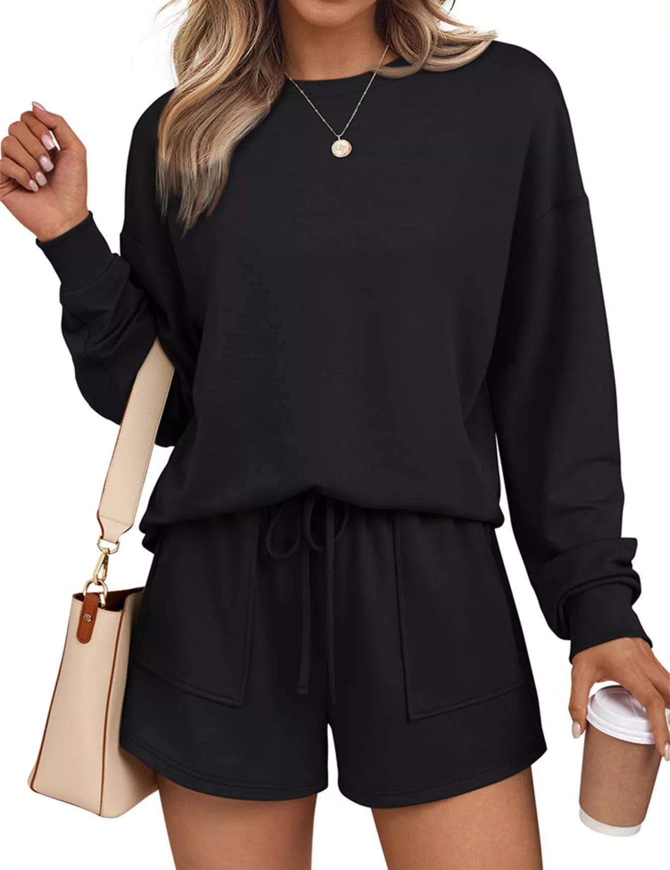 Black Round Neck Long Sleeve Top and Shorts Set | Loungewear Sets Daverri Fashions