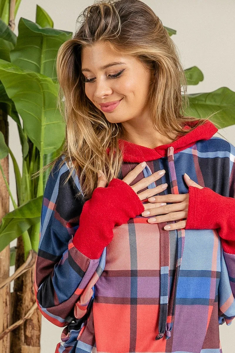 BiBi Plaid Mirr Brushed Rib Contrast Thumb Open Hoodie | Hoodies Daverri Fashions