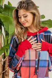 BiBi Plaid Mirr Brushed Rib Contrast Thumb Open Hoodie | Hoodies Daverri Fashions