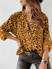 Leopard Button Detail Notched Long Sleeve Blouse | Blouses Daverri Fashions