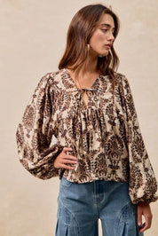 BiBi Printed Woven Front Tied Blouse with Baloon Sleeve | Blouses Daverri Fashions