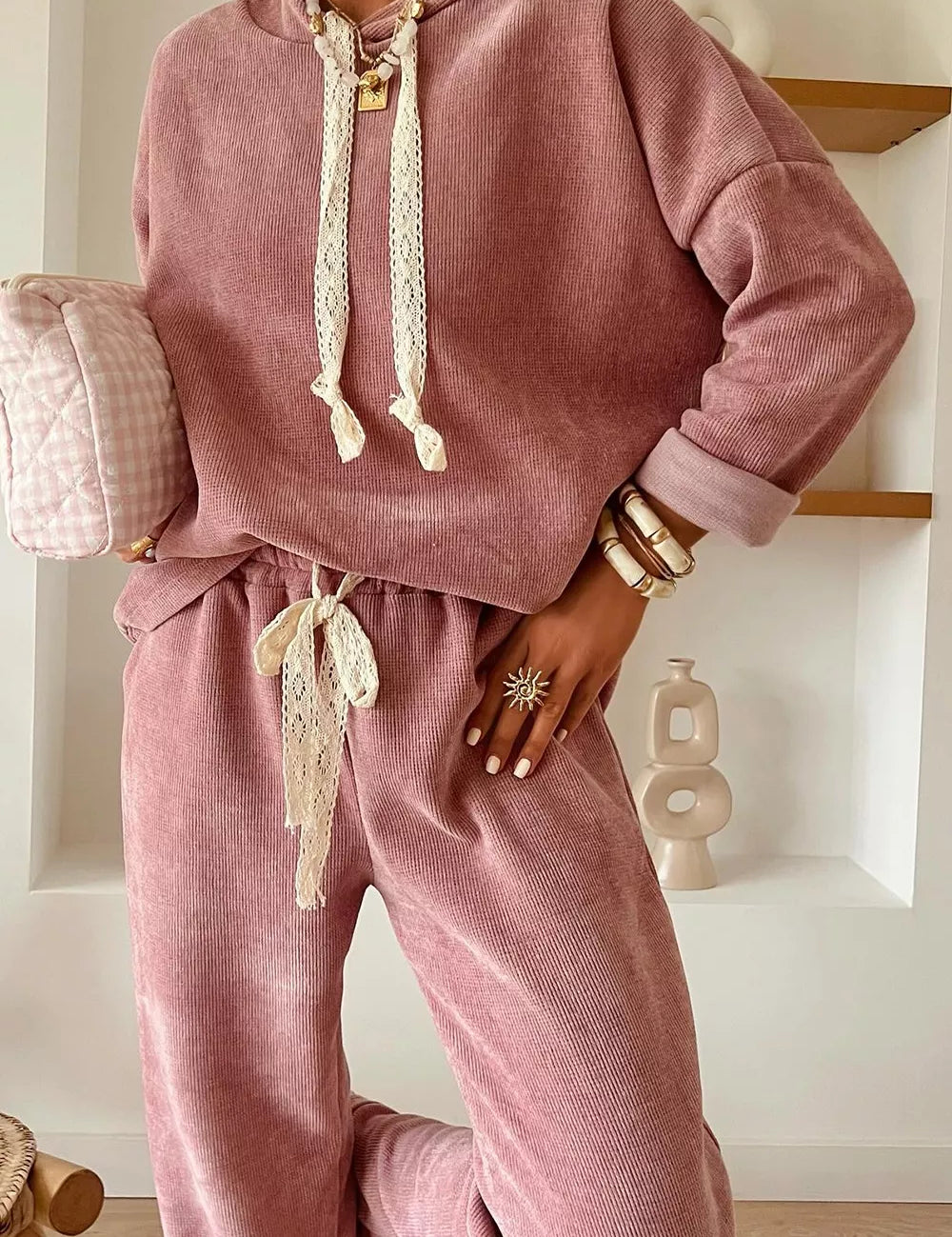 Dusty Pink Lace Detail Dropped Shoulder Hoodie and Pants Set | Loungewear Daverri Fashions