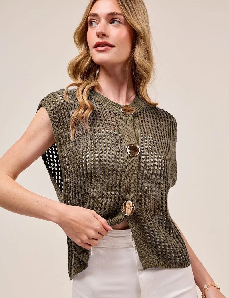 MOCHA L SO ME Big Metal Button Front Openwork Sweater Vest | Sweaters Daverri Fashions
