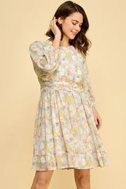 Lime 'N' Chili Chiffon Floral Print Belted Dress with Back Zipper | Daverri Fashions