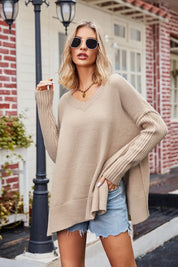 Dust Storm Slit V-Neck Dropped Shoulder Sweater | Sweaters Daverri Fashions