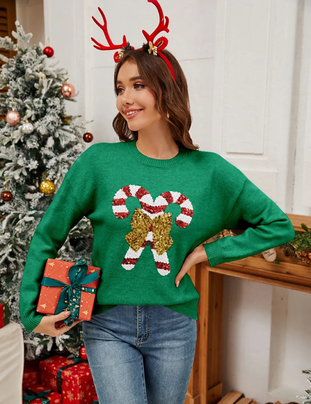 Sequin Candy Cane Round Neck Long Sleeve Sweater | Sweaters Daverri Fashions
