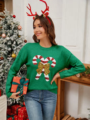 Sequin Candy Cane Round Neck Long Sleeve Sweater | Sweaters Daverri Fashions