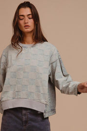 BiBi Mineral Washed Checkered Round Neck Denim Top | Tops Daverri Fashions