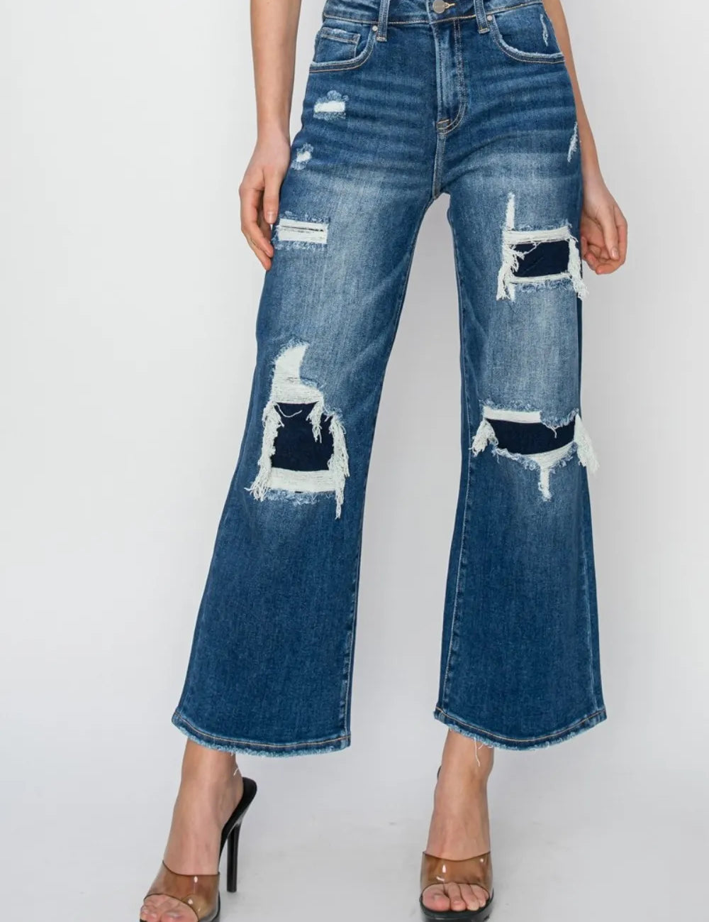 Medium Risen Full Size High Rise Patch Detailed Wide Leg Crop Jeans | Jeans Daverri Fashions