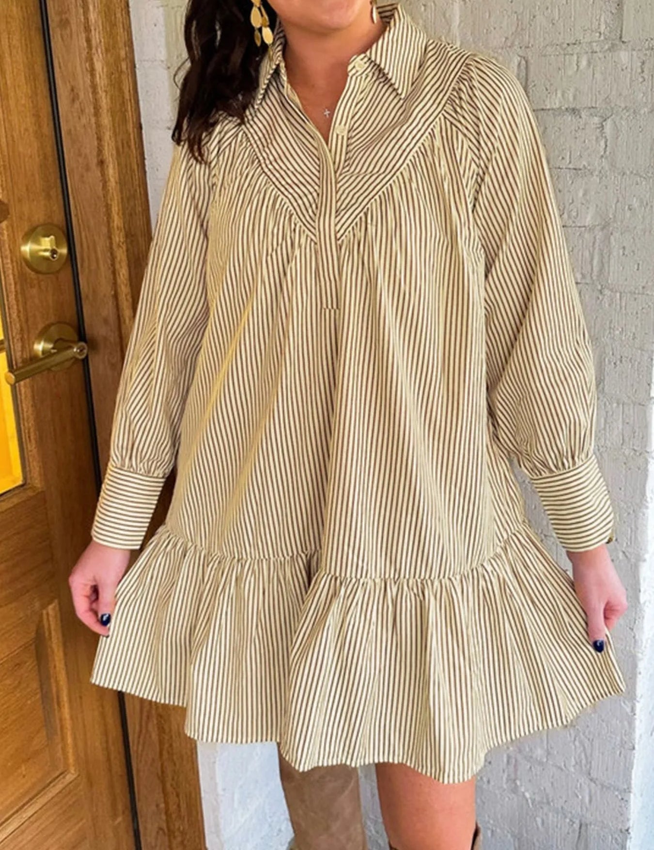 Pastel Yellow Stripe Collared Neck Cuffed Long Sleeve Drop Waist Mini Dress | Mini Dresses Daverri Fashions