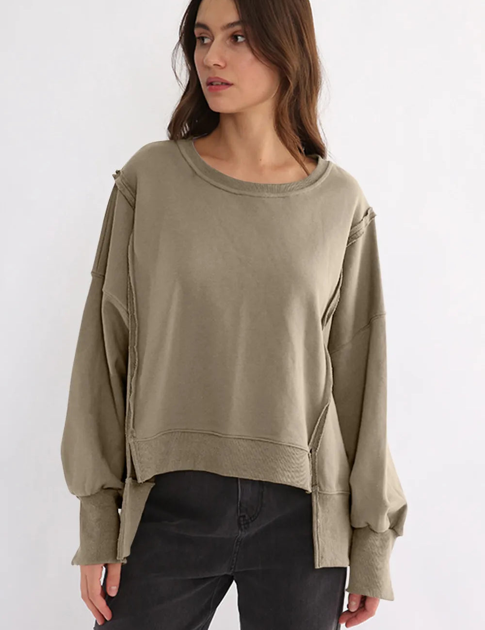 Khaki One Size Exposed Seam High-Low Long Sleeve Sweatshirt | Daverri Fashions