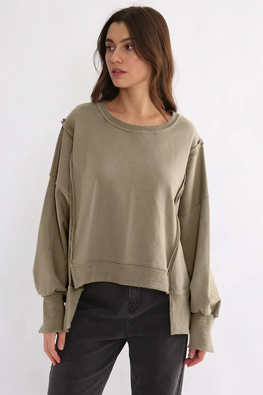 Khaki One Size Exposed Seam High-Low Long Sleeve Sweatshirt | Daverri Fashions