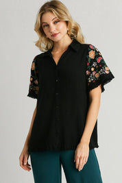 Black Umgee Full Size Linen Shirt with Embroidered Sleeves Plus Size | Daverri Fashions