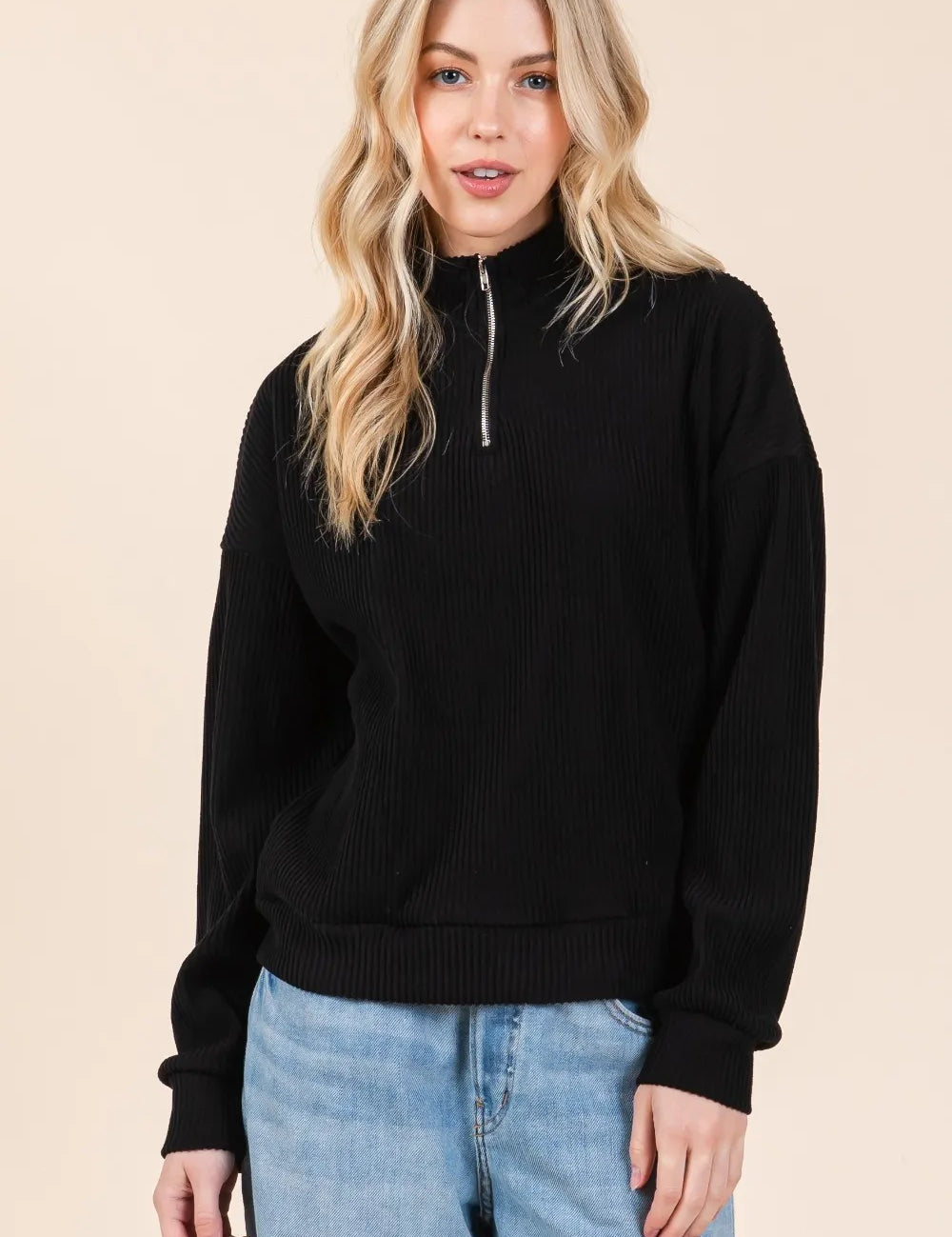 Black BOMBOM Quarter Zip Long Sleeve Sweatshirt with Pockets | Sweatshirts Daverri Fashions