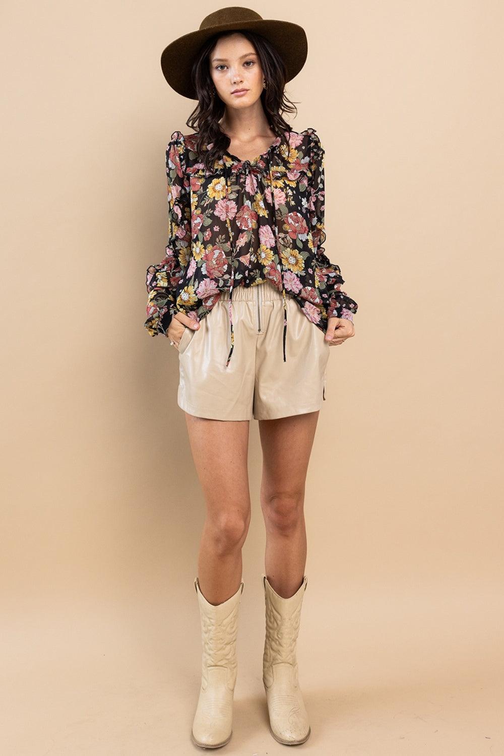 Ces Femme Ruffle Trim Long Sleeve Floral Blouse | Blouses Daverri Fashions