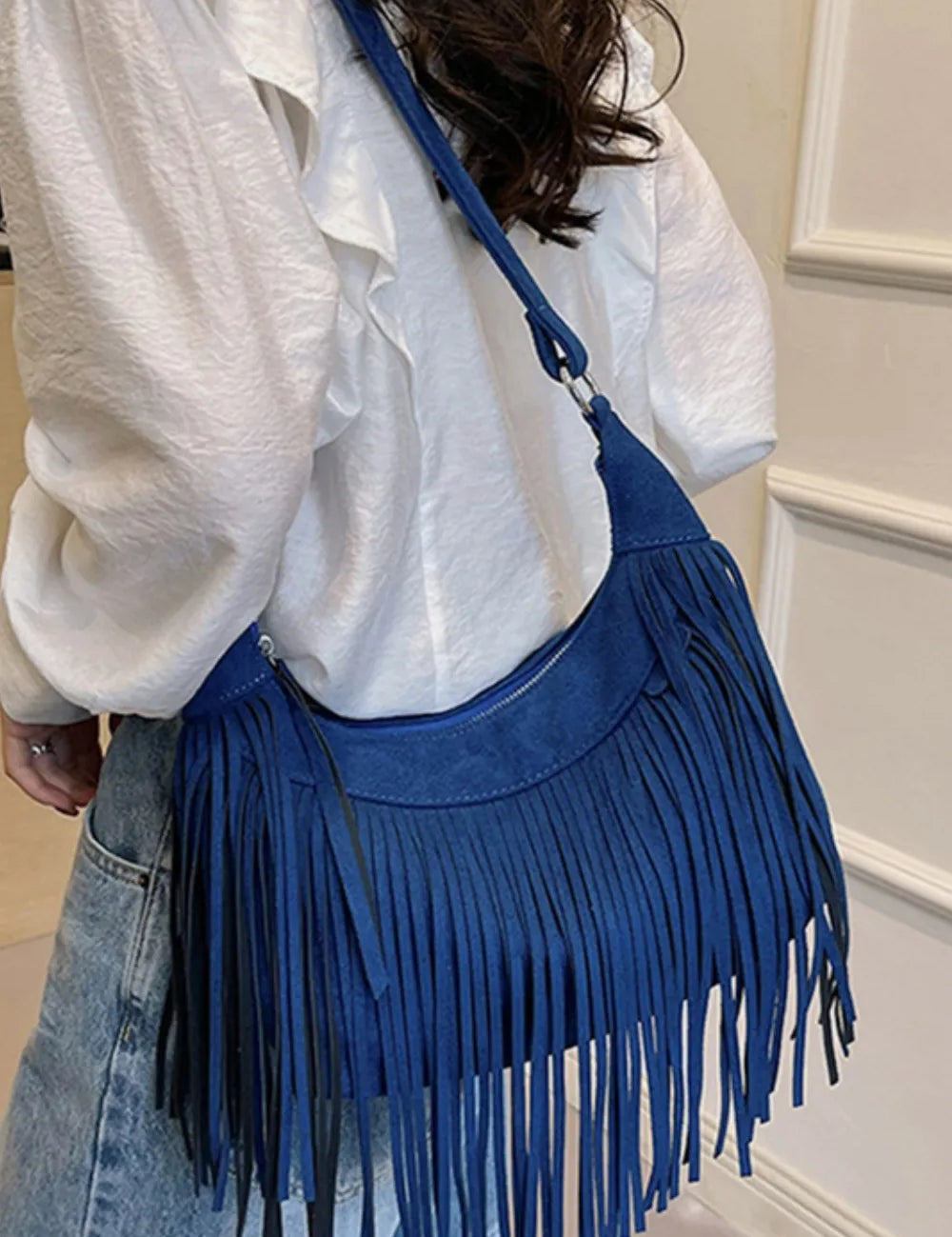 Suede Fringe Adjustable Strap Shoulder Bag | Handbags Daverri Fashions