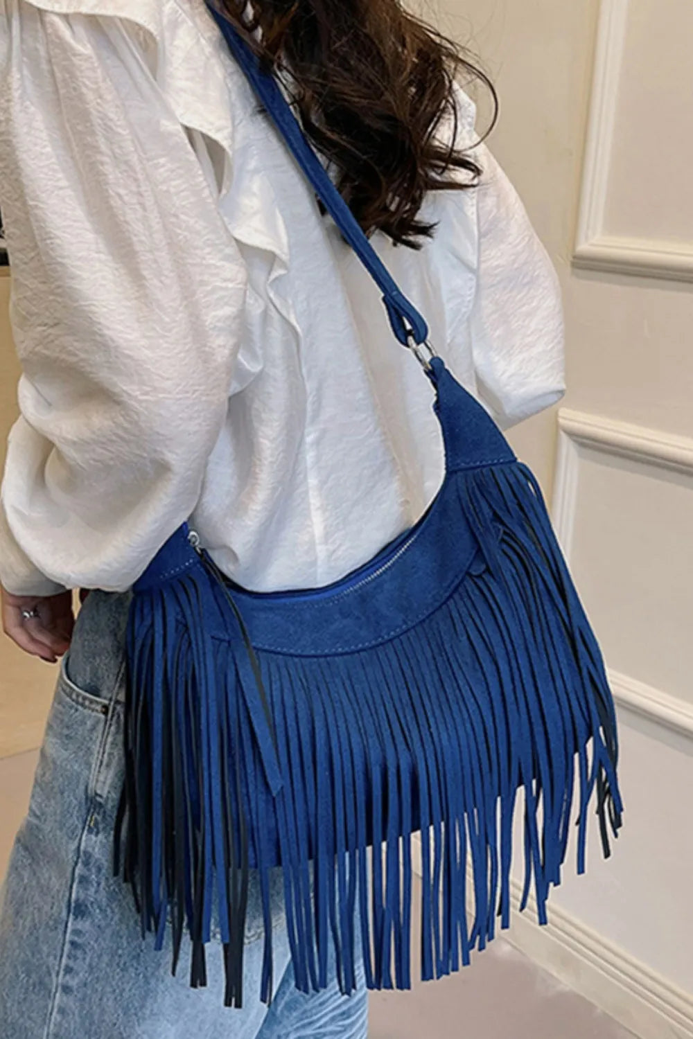 Suede Fringe Adjustable Strap Shoulder Bag | Handbags Daverri Fashions