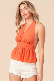 BiBi Back Open With Halter Neck Wrinkled Tank Top | Tops Daverri Fashions
