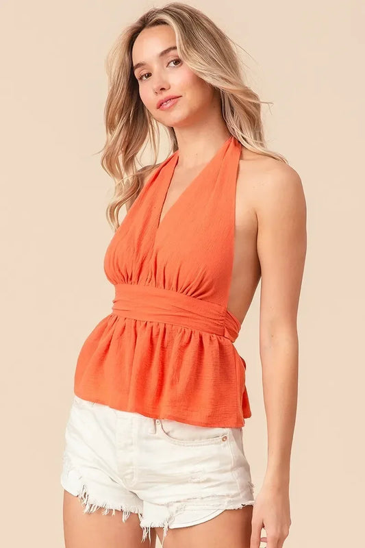 BiBi Back Open With Halter Neck Wrinkled Tank Top - DAVERRI FASHIONS