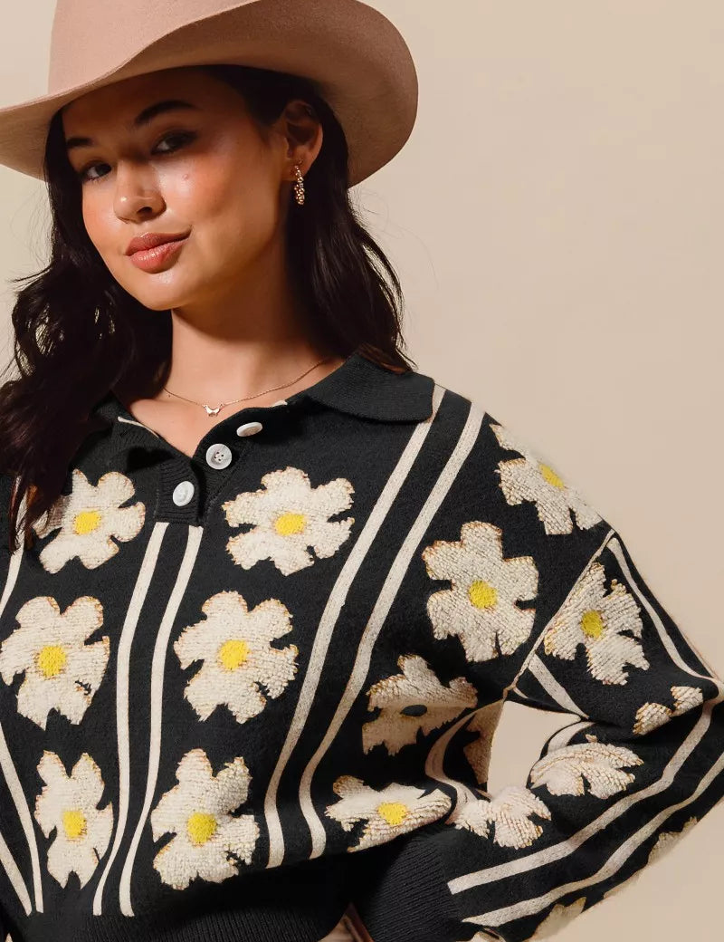 BLACK IVORY SO ME Floral Stripe Polo Collar Sweater | Sweaters Daverri Fashions