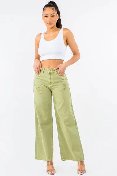 American Bazi High Waist Distressed Wide Leg Jeans | Jeans Daverri Fashions