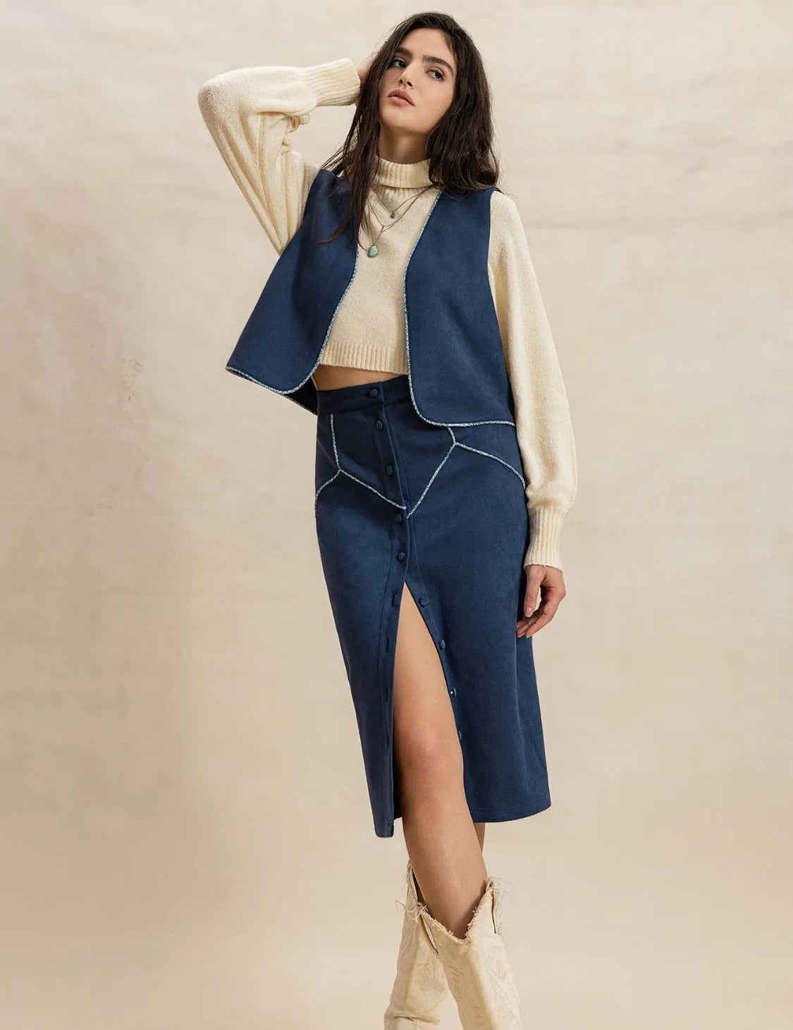 Peacock Blue Open Front Vest and Buttoned Skirt Set | Outfit Sets Daverri Fashions