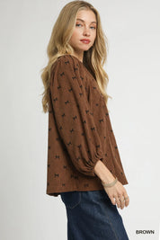 Umgee Corduroy Bow Print Balloon Sleeve Blouse | Daverri Fashions
