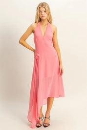 ROSE HYFVE Chiffon Halter Asymmetrical Hem Dress | Daverri Fashions