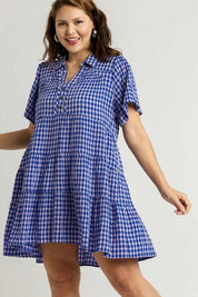 Umgee Full Size Gingham Tiered Button Detail Short Sleeve Dress Plus Size | Daverri Fashions