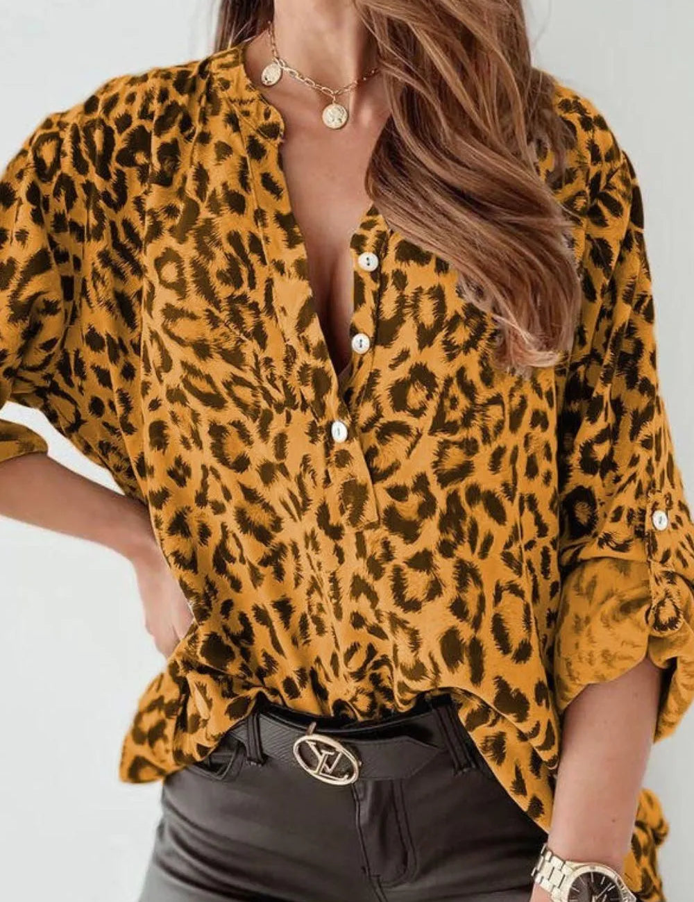 Mustard Leopard Button Detail Notched Long Sleeve Blouse | Blouses Daverri Fashions