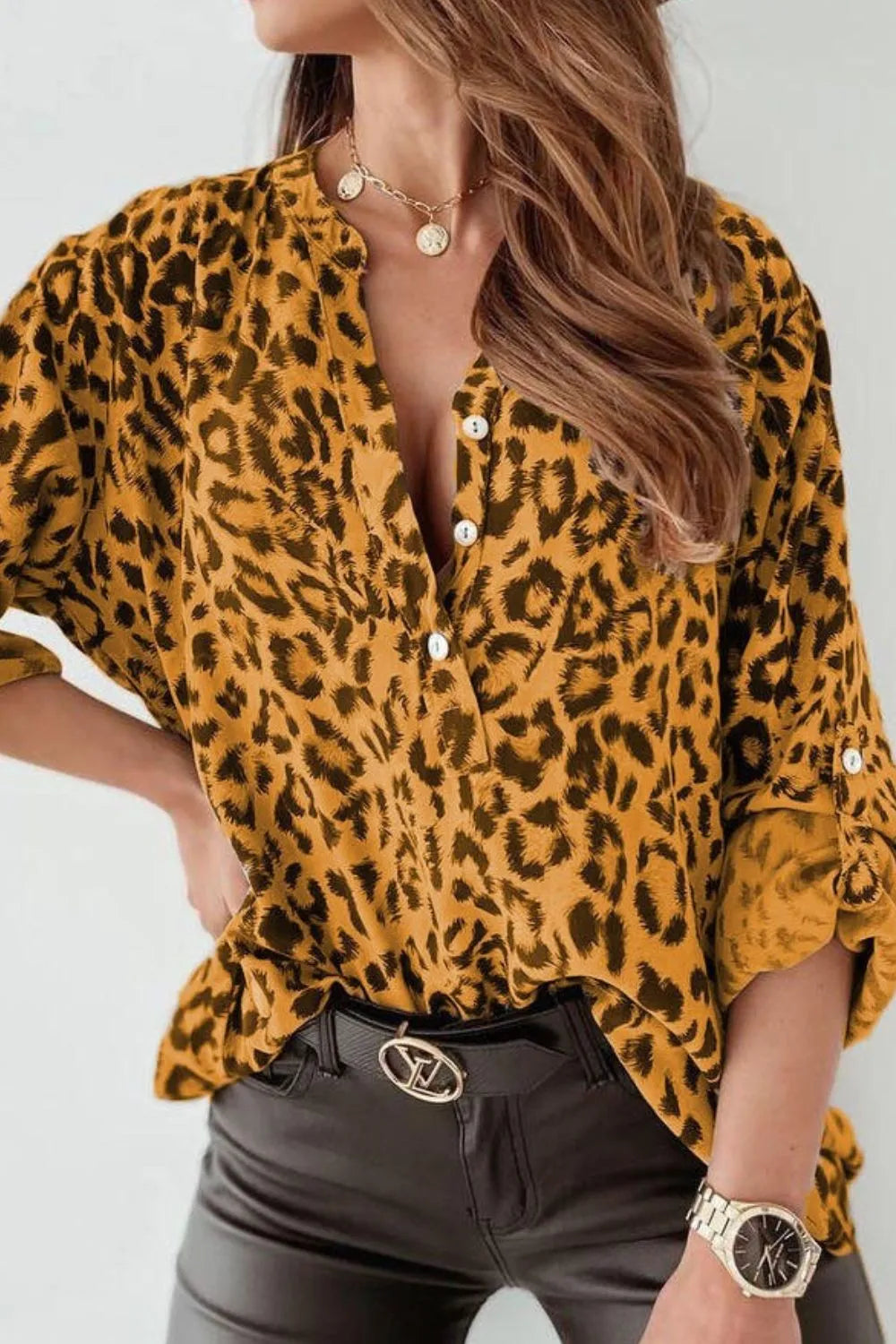 Mustard Leopard Button Detail Notched Long Sleeve Blouse | Blouses Daverri Fashions