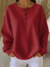 Red Full Size Waffle Knit Button Detail Top Plus Size | Knit Tops Daverri Fashions