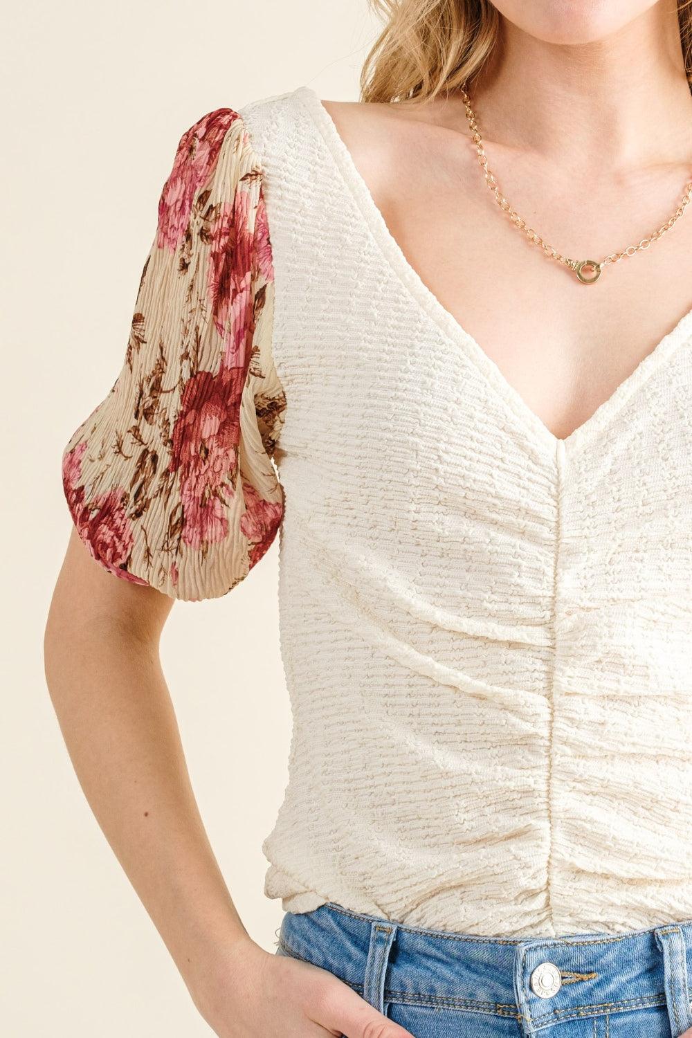And The Why Full Size Floral Print Textured Sleeve Knit Top | Tops Daverri Fashions