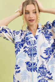 Umgee Leafy Damask Print Blouse with Contrast Scalloped Trim Detail | Blouses Daverri Fashions