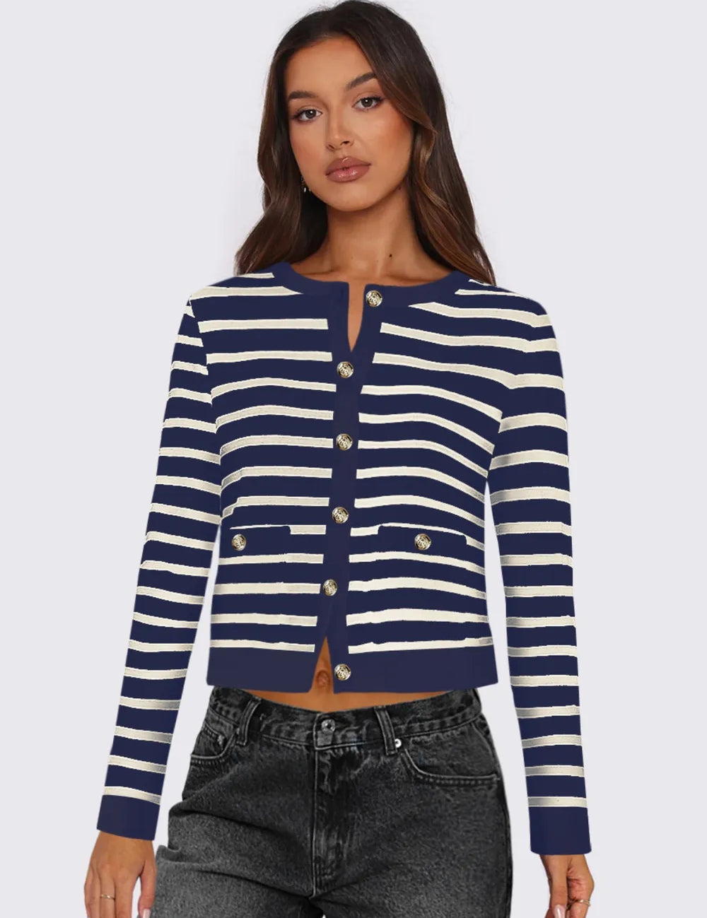 Navy Striped Round Neck Button Up Long Sleeve Cardigan | Cardigans Daverri Fashions