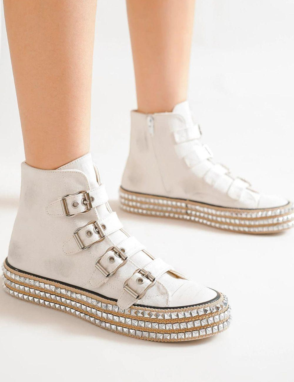 White Multi-Buckle Straps Studded Platform Sneakers | SNEAKERS Daverri Fashions