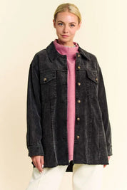 Davi & Dani Washed Corduroy Raw Hem Button Up Jacket | Daverri Fashions