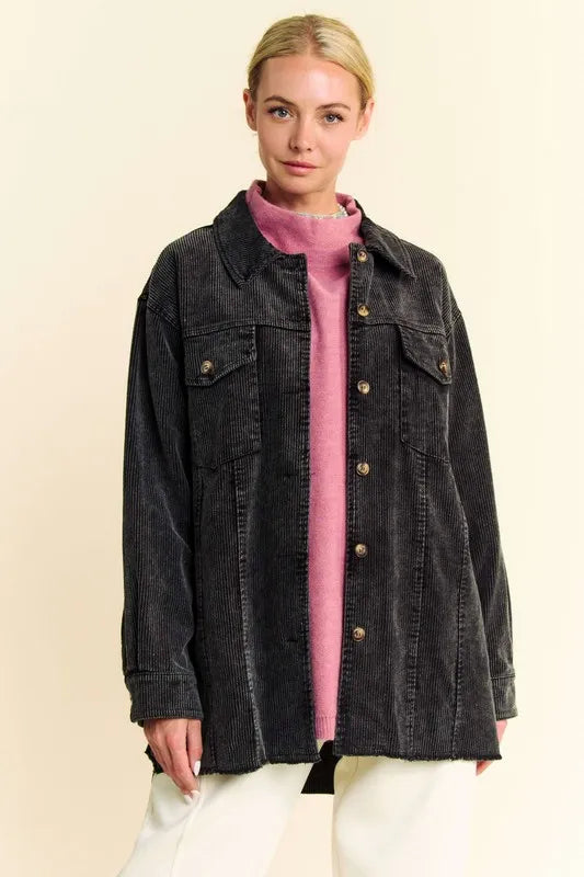 Davi & Dani Washed Corduroy Raw Hem Button Up Jacket | Daverri Fashions