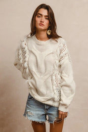 BiBi Faux Fur Detailed Pointelle Cable Knit Sweater | Sweaters Daverri Fashions