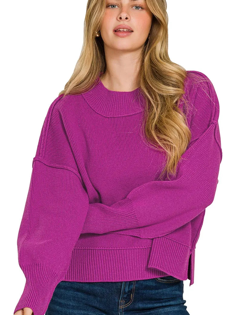 LT PLUM L XL Zenana Wide Neck Band Drop Shoulder Sweater | Sweaters Daverri Fashions