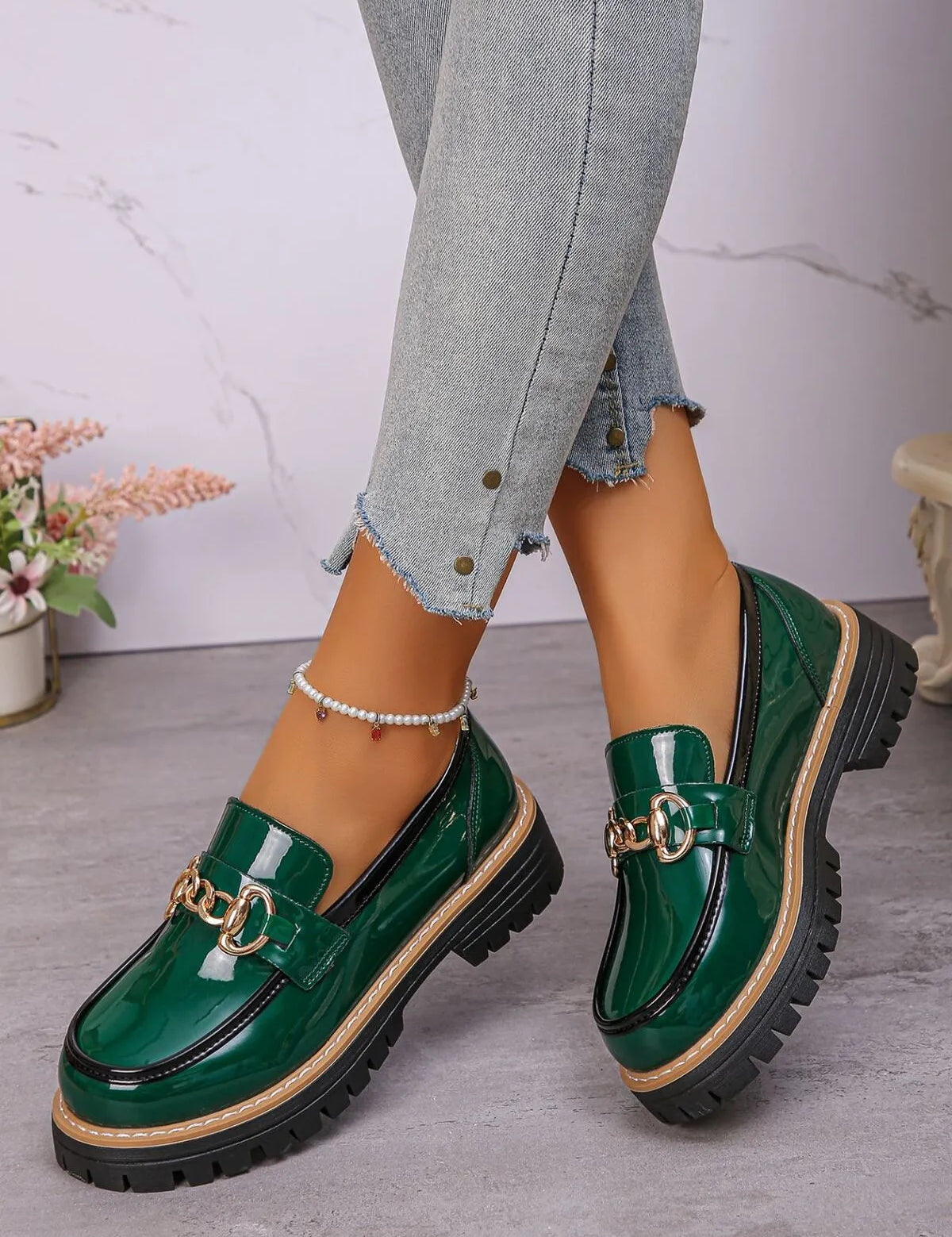 Green Round Toe Platform Loafers | Shoes Daverri Fashions