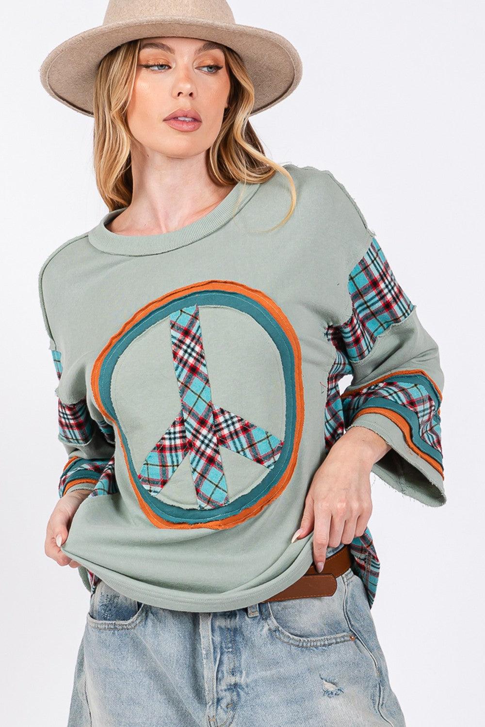 SAGE + FIG Peace Applique Patch Contrast Plaid Top | Tops Daverri Fashions