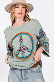 SAGE + FIG Peace Applique Patch Contrast Plaid Top | Tops Daverri Fashions