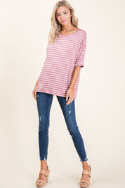 BOMBOM Striped Round Neck Half Sleeve T-Shirt | Daverri Fashions