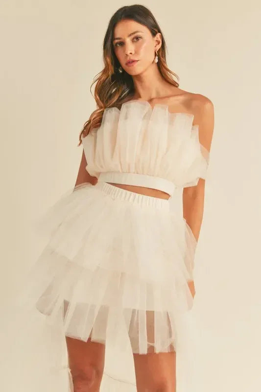 MABLE Tulle Tube Ruffle Crop Top and High Low Maxi Skirt Set - DAVERRI FASHIONS